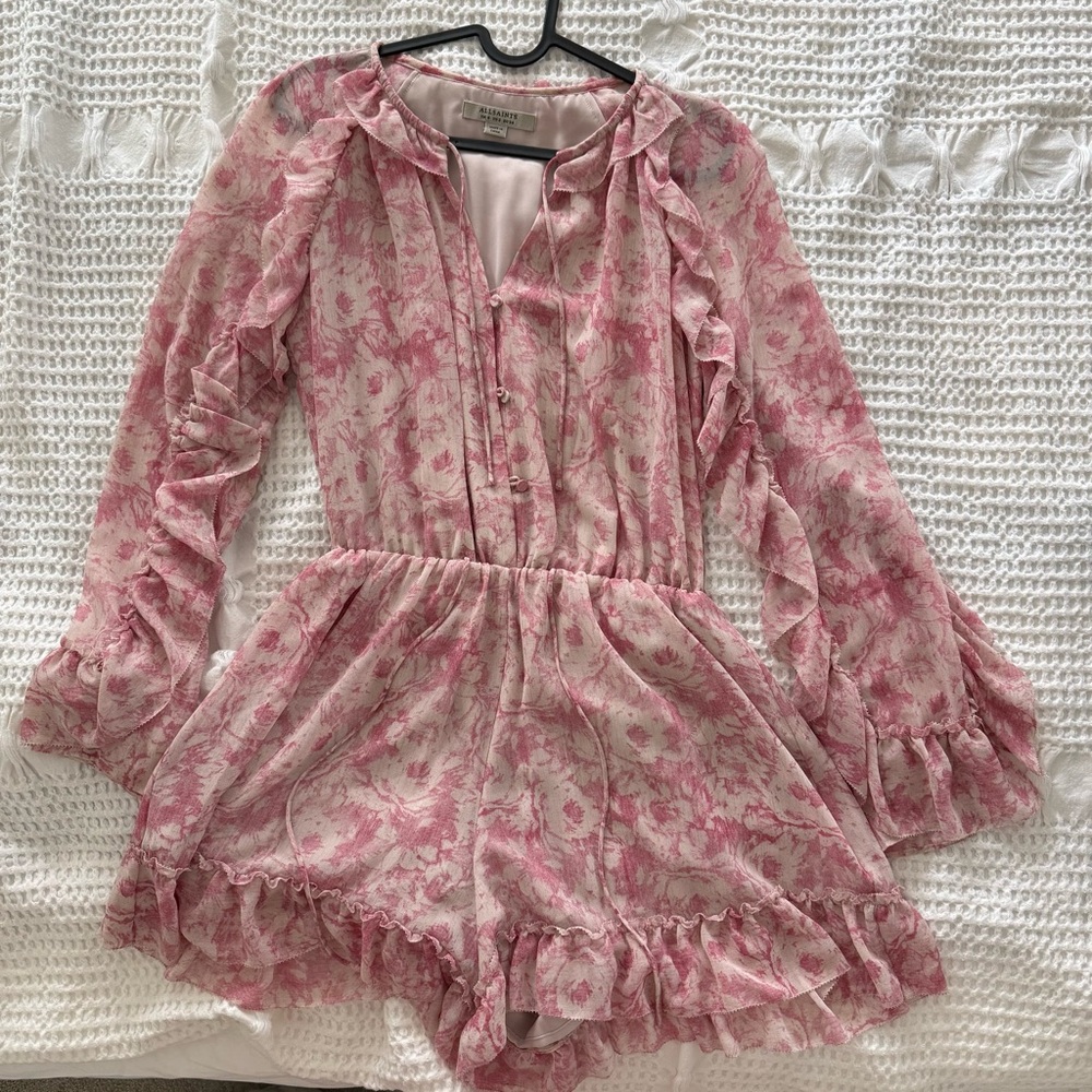 AllSaints Pink Floral Long Sleeve Chiffon Romper US2